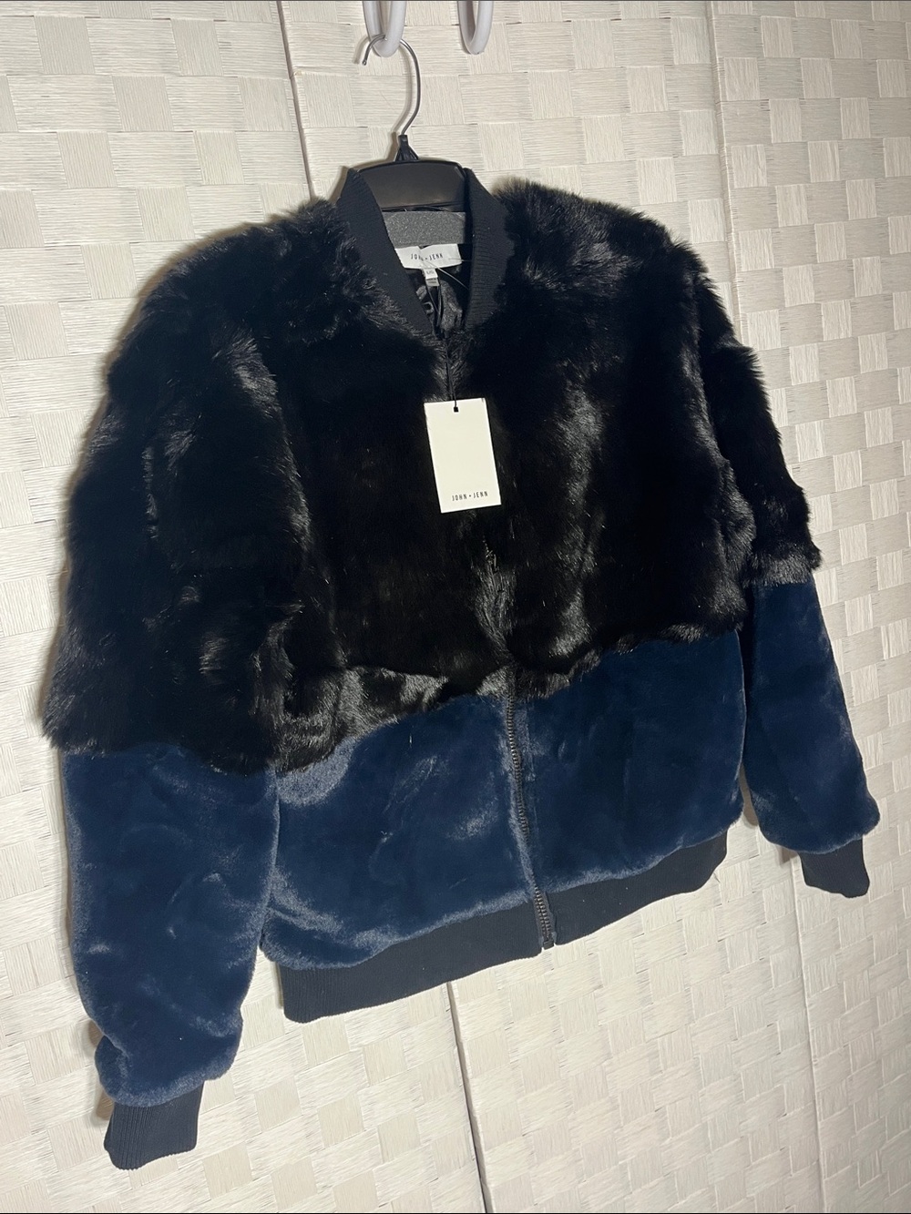 John + Jenn Black and Navy Faux Fur Colorblock Bomber Jacket